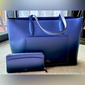 Kate Spade Purple / Blue Leather Adel Large Tote Bag Authentic + Matching Wallet